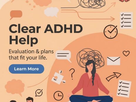 Woman meditating with ADHD symptoms and planning icons around her.
