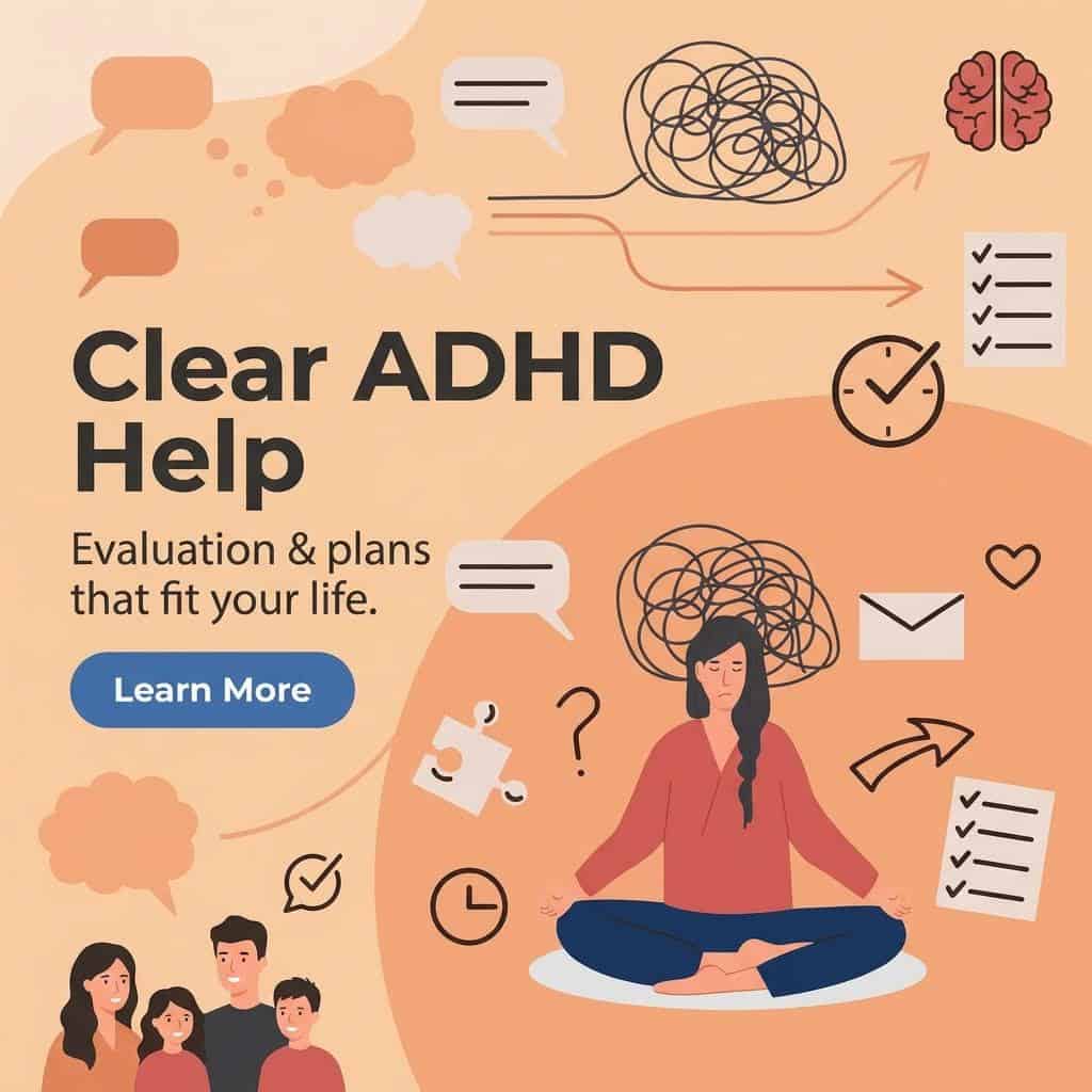 Woman meditating with ADHD symptoms and planning icons around her.