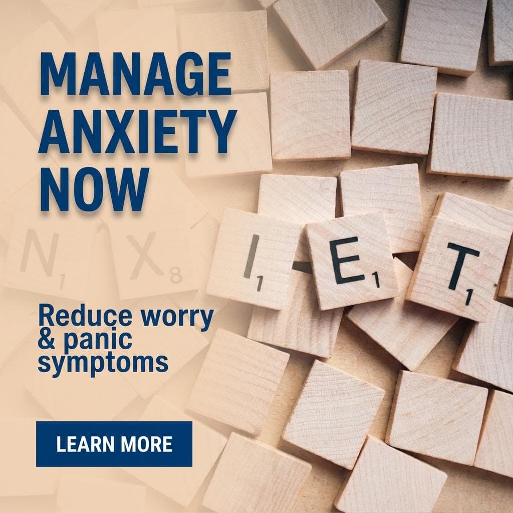 Wooden blocks spelling "Let" with text about managing anxiety and reducing worry.