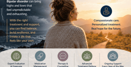 Woman looking at sunset, symbolizing hope and stability in bipolar disorder treatment.