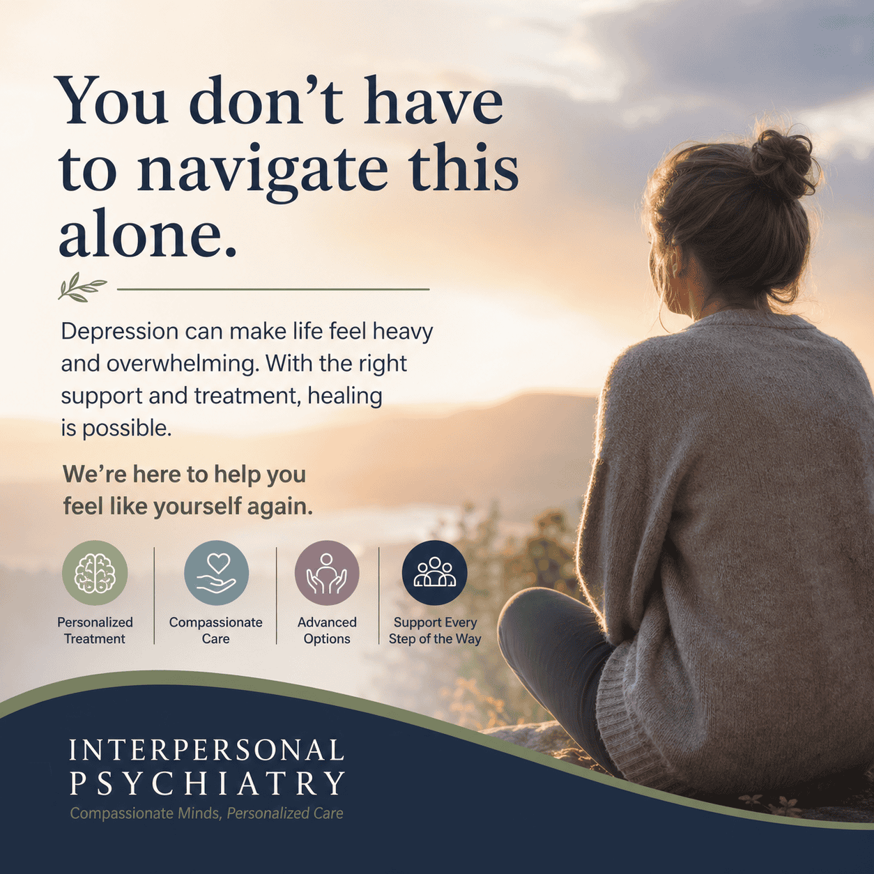 Woman meditating outdoors for mental health support and depression relief.