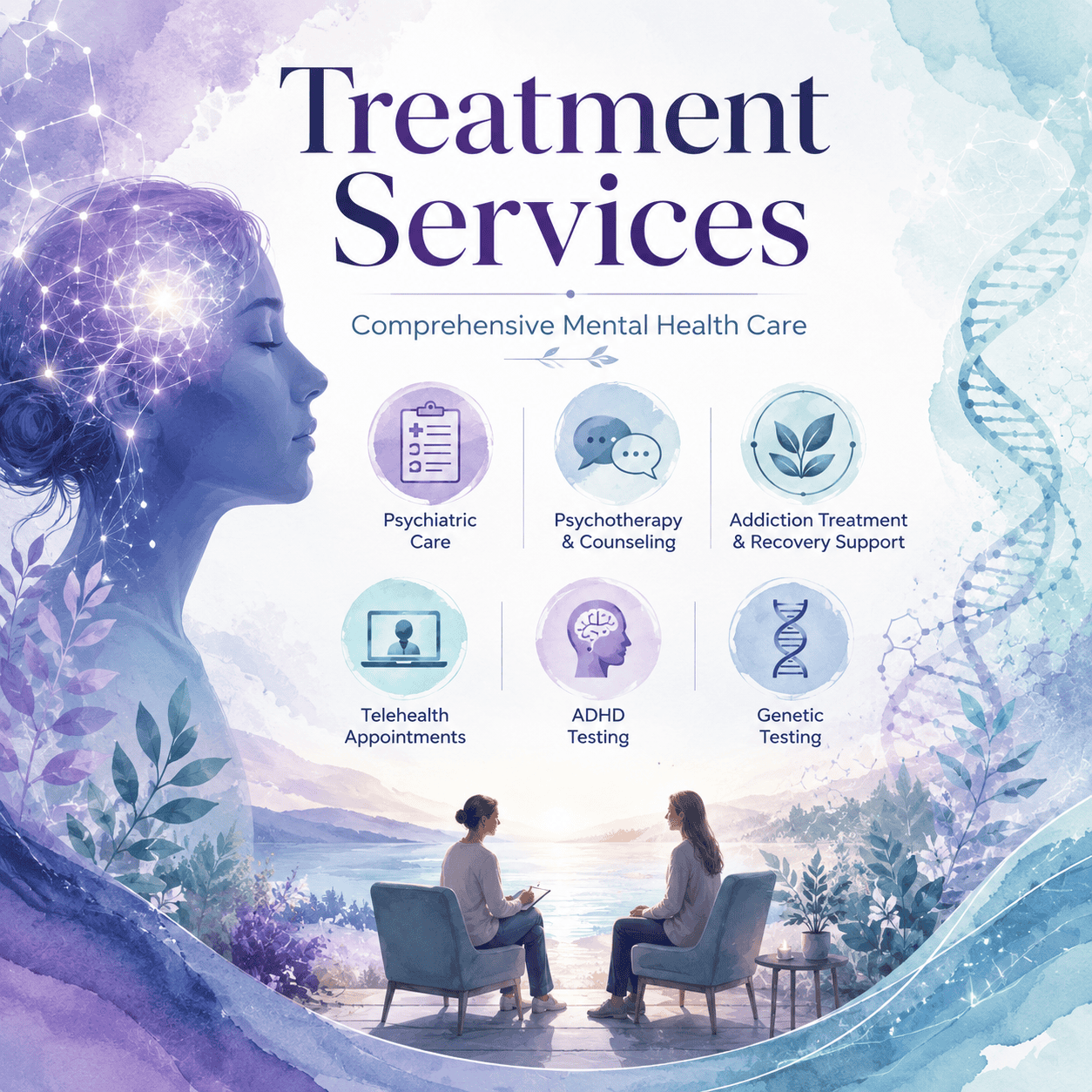 Treatment services illustration for psychiatric care, therapy, addiction treatment, telehealth, ADHD testing, and genetic testing