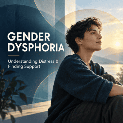 Young person contemplating gender identity during sunset at a support center.