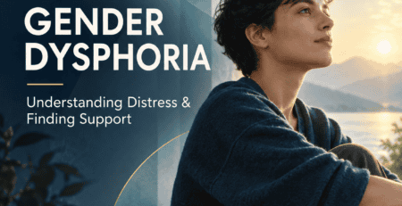Young person contemplating gender identity during sunset at a support center.