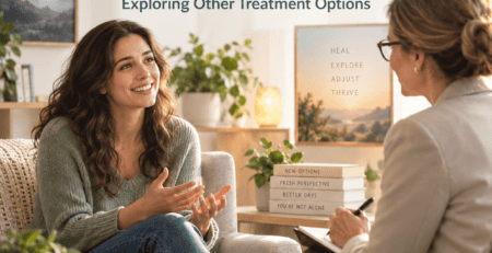 Therapist and patient discussing depression treatment options in a clinic.