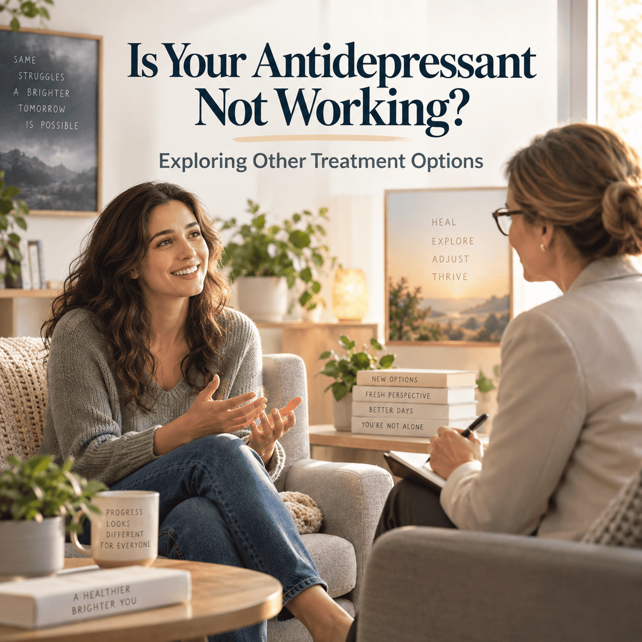 Therapist and patient discussing depression treatment options in a clinic.